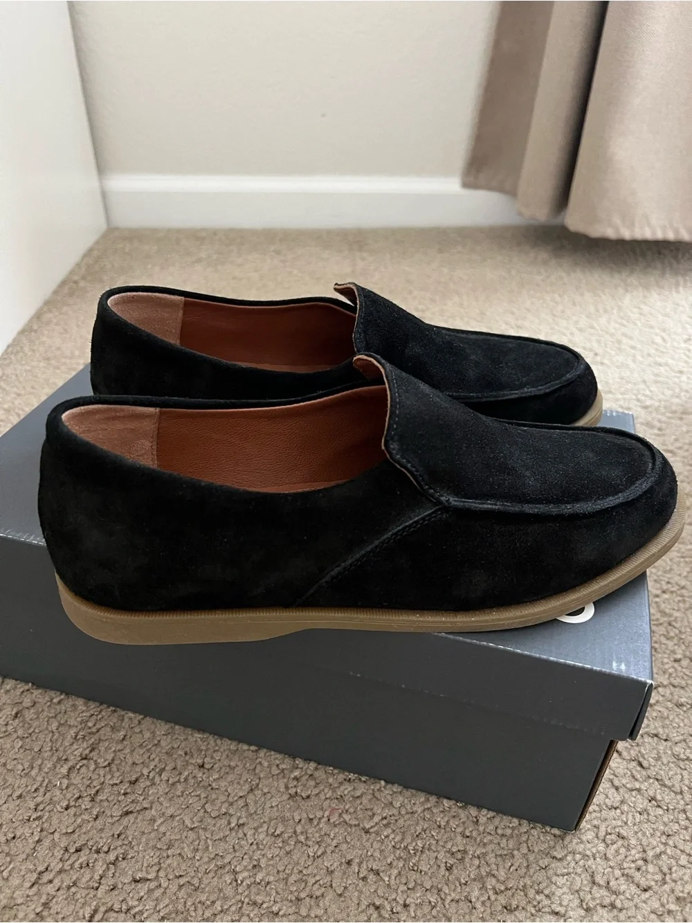 Noyon Black Suede Slip-On Loafers with Brown Rubber Sole